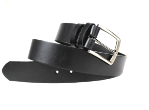 Czarny pasek do jeansu ( NADWYMIAR ) PMJ 08 Elegancki cienki pasek czarny zwinięty, srebrna klamra o zaokrąglonych rogach