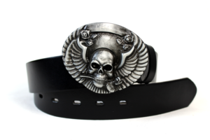 Pasek motocyklowy ELPASSO PM 09 Skórzany pasek do dżinsów z dużą klamrą czaszka i skrzydła orła.
