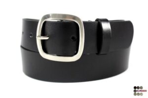 Szeroki czarny pasek skórzany z półokrągłą srebrną klamrą