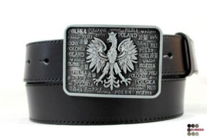 Pasek motocyklowy ELPASSO PM 08 Czarny pasek skórzany z prostokątną klamrą patriotyczną, polskie godło orzeł.